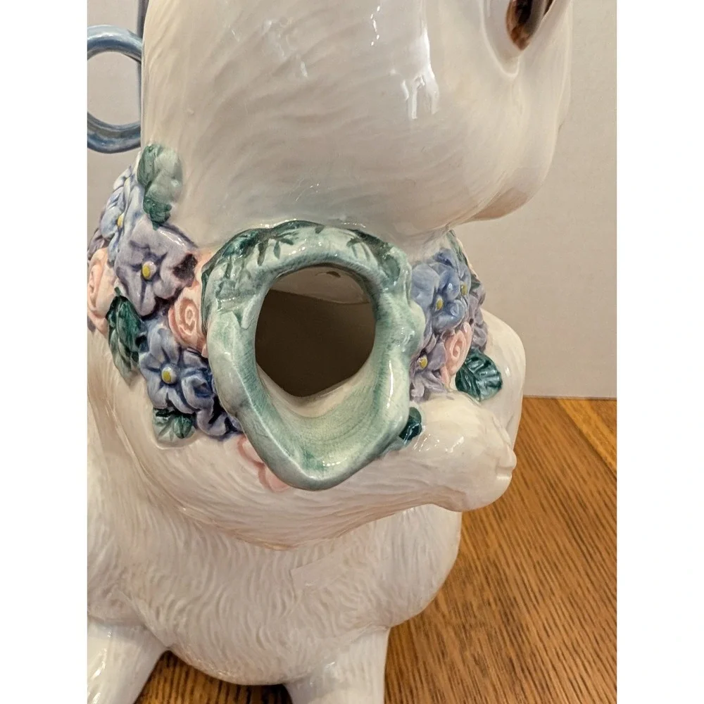Fitz and Floyd Flora Ceramic Rabbit 1qt Pitcher 1993 Blue Bow Handle